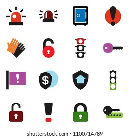 solid vector ixon set - rubber glove vector, safe, attention, traffic light, unlock, key, sign, siren, lock, home protect, dollar shield, password