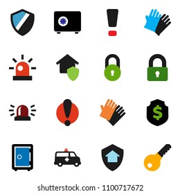 solid vector ixon set - rubber glove vector, dollar shield, safe, attention, amkbulance car, lock, sign, siren, home protect, password