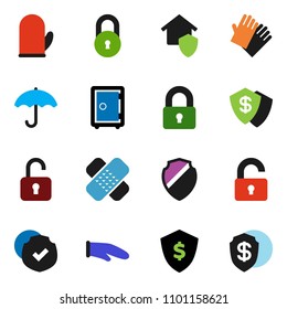 solid vector ixon set - rubber glove vector, cook, dollar shield, safe, umbrella, protected, patch, lock, unlock, home protect