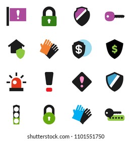 solid vector ixon set - rubber glove vector, dollar shield, attention, traffic light, lock, key, sign, siren, home protect, password