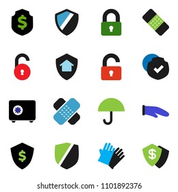 solid vector ixon set - rubber glove vector, cook, dollar shield, safe, umbrella, protected, patch, unlock, lock, home protect
