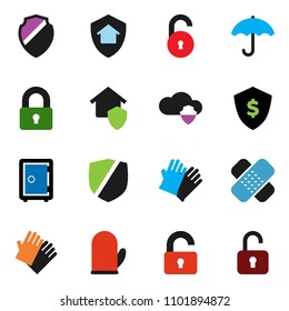 solid vector ixon set - rubber glove vector, cook, dollar shield, safe, umbrella, protected, patch, cloud, unlock, lock, home protect