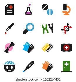 solid vector ixon set - rubber glove vector, first aid kit, thermometer, flask, dna, magnifier, dropper, broken bone, pills, blister, microscope, chromosomes, anamnesis, head bandage, medical room