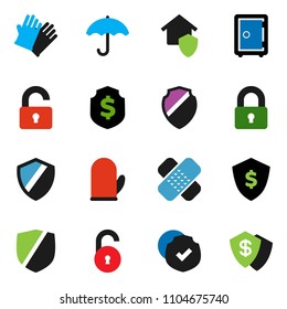 solid vector ixon set - rubber glove vector, cook, dollar shield, safe, umbrella, protected, patch, unlock, lock, home protect