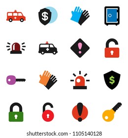 solid vector ixon set - rubber glove vector, dollar shield, safe, attention, amkbulance car, unlock, key, sign, siren, lock, password