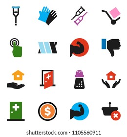 solid vector ixon set - rubber glove vector, house hold, hand mill, dollar coin, muscule, cargo, touchscreen, finger down, crutches, bandage, medical room, basket