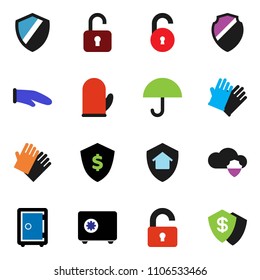 solid vector ixon set - rubber glove vector, cook, dollar shield, safe, umbrella, cloud, unlock, home protect