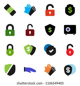 solid vector ixon set - rubber glove vector, cook, dollar shield, safe, protected, patch, lock, unlock