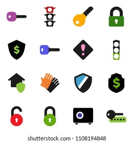solid vector ixon set - rubber glove vector, dollar shield, safe, traffic light, lock, unlock, key, attention sign, home protect, password