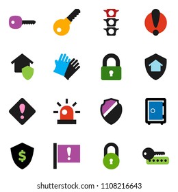 solid vector ixon set - rubber glove vector, dollar shield, safe, attention, traffic light, lock, key, sign, siren, home protect, password