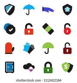 solid vector ixon set - rubber glove vector, cook, safe, umbrella, protected, patch, cloud shield, unlock, lock, home protect, dollar