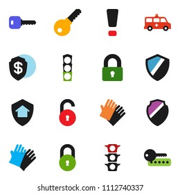 solid vector ixon set - rubber glove vector, traffic light, amkbulance car, shield, lock, unlock, key, attention sign, home protect, dollar, password