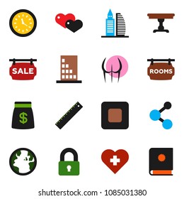 solid vector ixon set - ruler vector, buttocks, molecule, heart cross, earth, clock, stop button, sale signboard, rooms, office building, lock, table, money bag, catalog