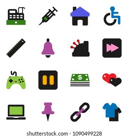 solid vector ixon set - ruler vector, bell, notebook pc, gamepad, heart, thumbtack, pause button, forward, disabled, syringe, home, chain, cash, cashbox, clothes