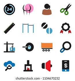 solid vector ixon set - ruler vector, medal, scissors, horizontal bar, buttocks, support, truck trailer, speaker, insemination, pills, cloud glass, magnifier, fireplace, construction crane, 24 hour