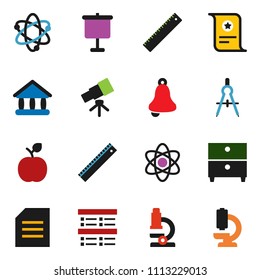 solid vector ixon set - ruler vector, drawing compass, apple fruit, atom, telescope, microscope, bell, certificate, presentation, document, archive, exam, university