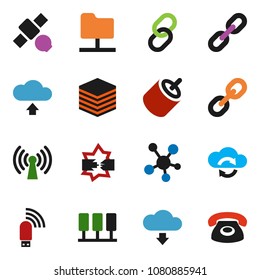 solid vector ixon set - satellite vector, social media, link, rca, server, disconnection, network folder, cloud exchange, big data, usb modem, upload, download, chain, wireless, phone