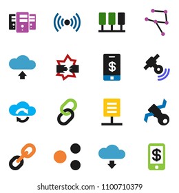 solid vector ixon set - satellite vector, satellitie, link, network, server, disconnection, cloud exchange, share, upload, download, document, wireless, tap pay