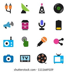 solid vector ixon set - satellite antenna vector, film spool, disk, camera, microphone, radio, loudspeaker, tv, touchscreen, social media, battery, rca