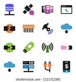 solid vector ixon set - satellite vector, satellitie, rca, network server, browser, hub, usb modem, cloud upload, download, connection, disconnection, wireless, tap pay