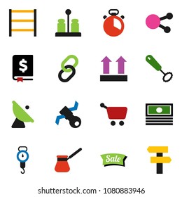 solid vector ixon set - scales vector, cook timer, whisk, turk coffee, spices, cash, annual report, satellite, top sign, shelving, antenna, social media, link, sale, cart, signpost