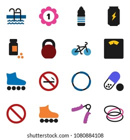 solid vector ixon set - scales vector, pills vial, bike, weight, hand trainer, roller Skates, medal, enegry drink, water bottle, pool, prohibition sign, no smoking, hoop