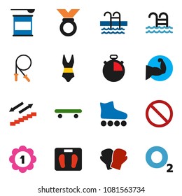 solid vector ixon set - scales vector, stopwatch, jump rope, muscule hand, boxing glove, swimsuite, roller Skates, skateboard, medal, sports nutrition, stairways run, pool, prohibition sign, oxygen