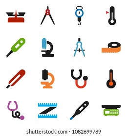 solid vector ixon set - scales vector, thermometer, drawing compass, measuring, stethoscope, microscope, store