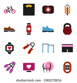 solid vector ixon set - scales vector, bike, weight, hand trainer, horizontal bar, buttocks, snickers, shorts, heart monitor, cereals, shuttlecock, first aid kit, stadium