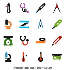 solid vector ixon set - scales vector, thermometer, drawing compass, measuring, stethoscope, microscope, store