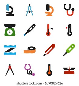 solid vector ixon set - scales vector, thermometer, drawing compass, measuring, stethoscope, microscope, store