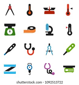 solid vector ixon set - scales vector, thermometer, drawing compass, measuring, stethoscope, microscope, store