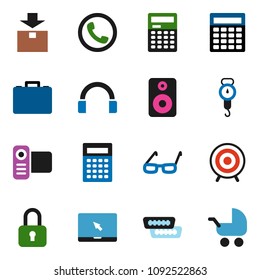 solid vector ixon set - scales vector, glasses, calculator, case, target, package, video camera, headphones, notebook pc, speaker, hdmi, phone, lock, baby stroller