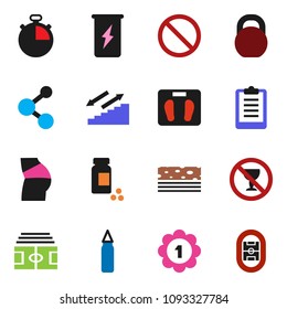 solid vector ixon set - scales vector, stadium, stopwatch, clipboard, pills vial, weight, punching bag, buttocks, medal, enegry drink, molecule, stairways run, breads, prohibition sign, no alcohol