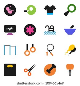 solid vector ixon set - scales vector, jump rope, horizontal bar, t shirt, pool, bone, gymnast rings, ambulance star, magnifier, pregnancy, insemination, scissors, mortar, diagnostic monitor, sperm