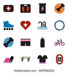 solid vector ixon set - scales vector, bike, horizontal bar, shorts, t shirt, roller Skates, enegry drink, water bottle, fitness mat, pool, heart cross, first aid kit, bone, hoop, stadium