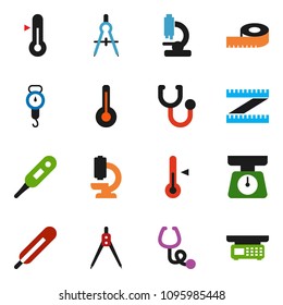 solid vector ixon set - scales vector, thermometer, drawing compass, measuring, stethoscope, microscope, store