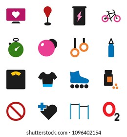 solid vector ixon set - scales vector, stopwatch, pills vial, bike, horizontal bar, punching bag, fitball, t shirt, roller Skates, enegry drink, prohibition sign, heart monitor, cross, gymnast rings