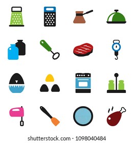 solid vector ixon set - scales vector, cook timer, whisk, spatula, grater, turk coffee, mixer, oven, spices, sieve, dish, jar, cereal, steak, chicken leg