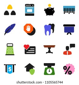 solid vector ixon set - scales vector, grater, oven, cereal, pen, piggy bank, presentation board, dollar flag, heart monitor, barcode, speaking man, tooth, stop, table, home protect, percent