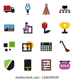 solid vector ixon set - scales vector, towel, ladle, student, award cup, abacus, hierarchy, calendar, delivery, tulip, protected, mobile phone, hospital building, loading, plan, sold signboard