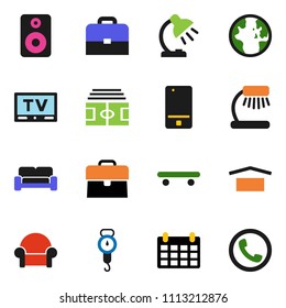 solid vector ixon set - scales vector, case, table lamp, world, calendar, stadium, skateboard, dry cargo, tv, mobile phone, speaker, cushioned furniture