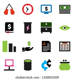 solid vector ixon set - schedule vector, archive, cash, investment, annual report, personal information, monitor dollar, cent sign, boxing glove, enegry drink, clock, sorting, oil barrel, eye