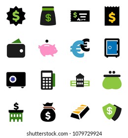 solid vector ixon set - school building vector, gold ingot, money bag, piggy bank, check, receipt, dollar medal, safe, euro sign, wallet, card reader, shield