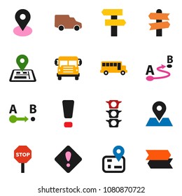 solid vector ixon set - school bus vector, signpost, navigator, map pin, traffic light, car, route, attention sign, stop