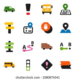 solid vector ixon set - school bus vector, signpost, navigator, map pin, traffic light, car, route, attention sign, stop