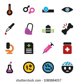 solid vector ixon set - school building vector, thermometer, flask, eye, gender sign, syringe, dropper, broken bone, pills bottle, doctor hat, microscope, microbs, anamnesis, bandage, head