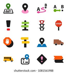 solid vector ixon set - school bus vector, signpost, navigator, map pin, traffic light, car, route, attention sign, stop