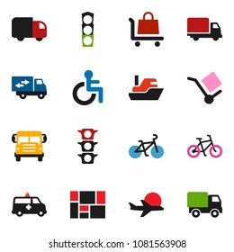 solid vector ixon set - school bus vector, bike, plane, traffic light, ship, delivery, consolidated cargo, disabled, amkbulance car, relocation truck, trolley