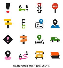 solid vector ixon set - school bus vector, signpost, navigator, map pin, traffic light, car, route, attention sign, stop